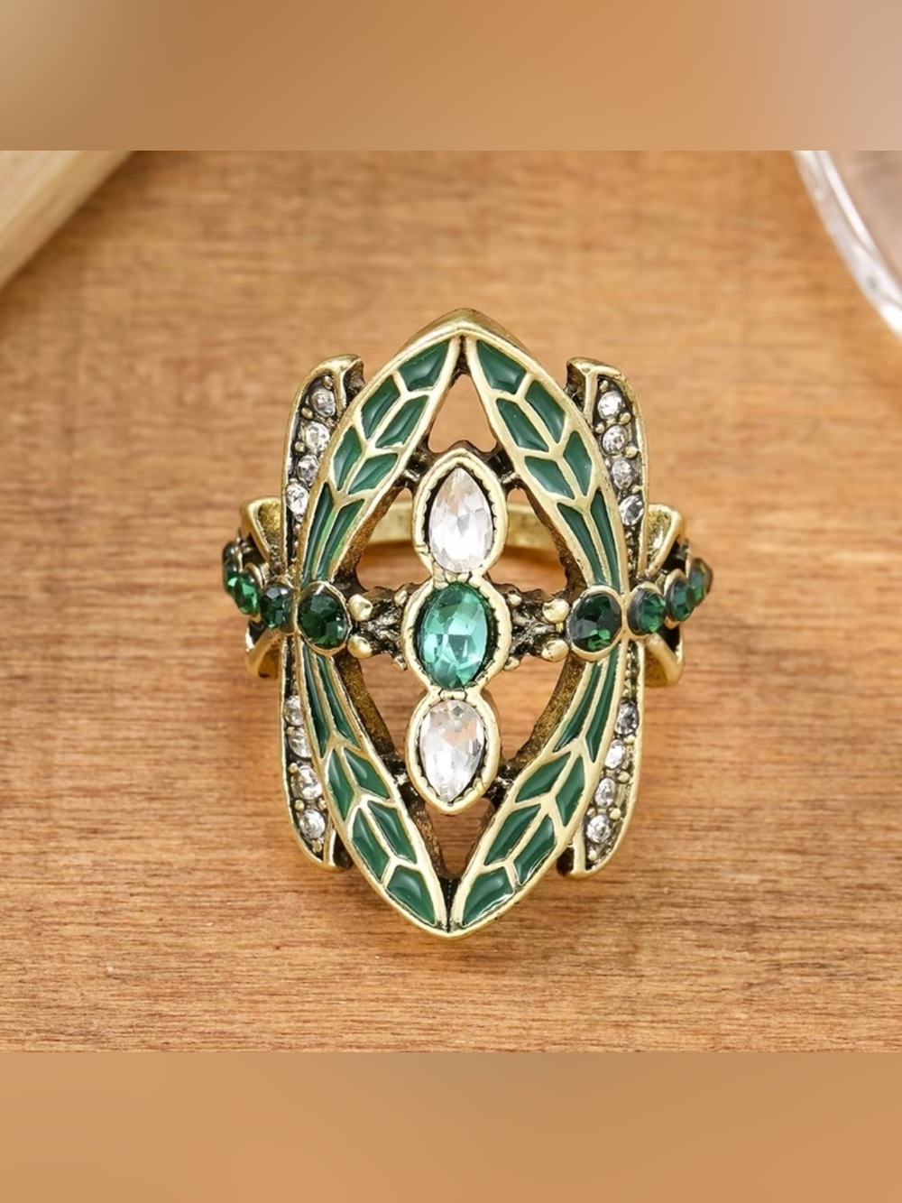 NEW! Green Enamel Dragonfly Ring with Emerald and Crystal Accents. B2-116 - Picture 5 of 7